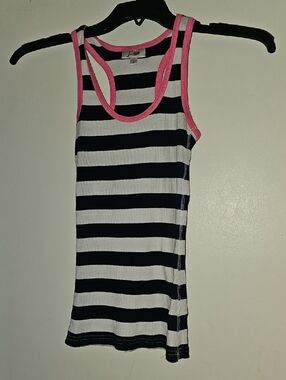 Grane Black and White Striped Ribbed Tank with Pink Trim